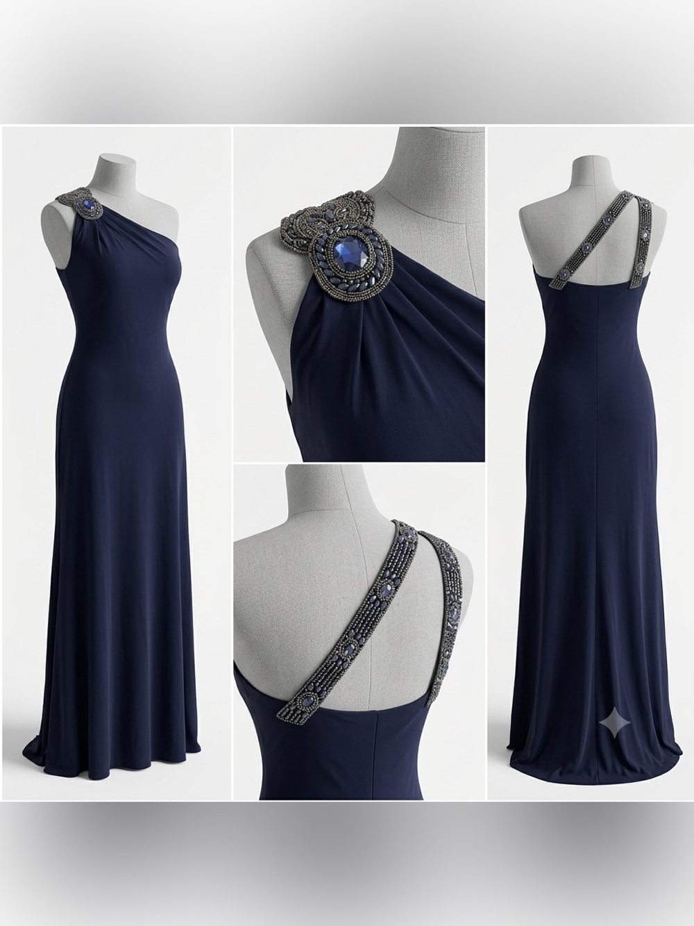 David Meister Navy Blue One-Shoulder Embellished Gown Style G7173 Size 8
